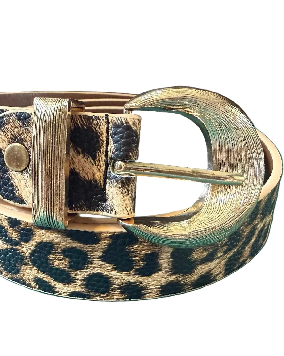 Leopard print belt with a gold buckle on a white background