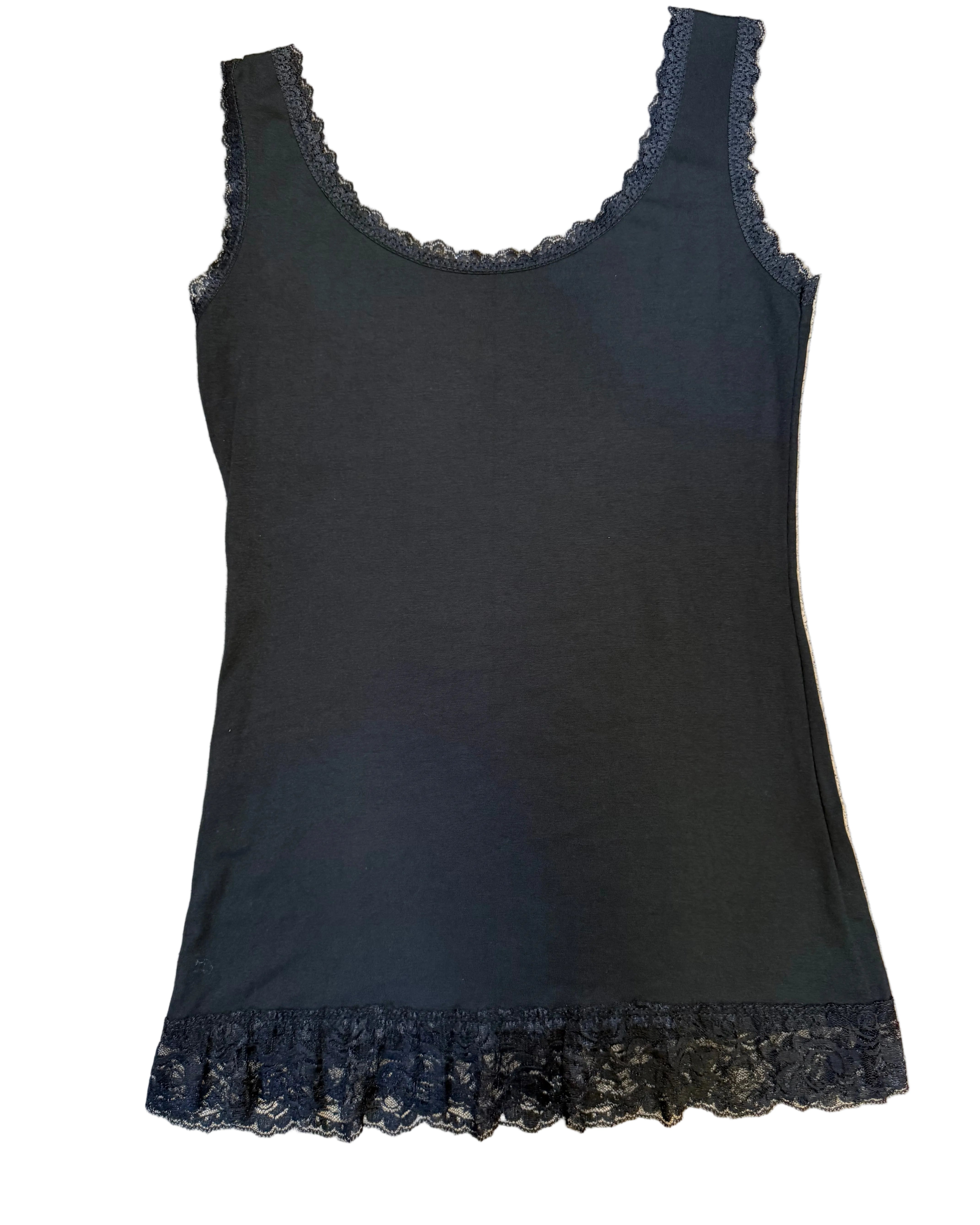 Black tank top with lace trim on a beige carpet