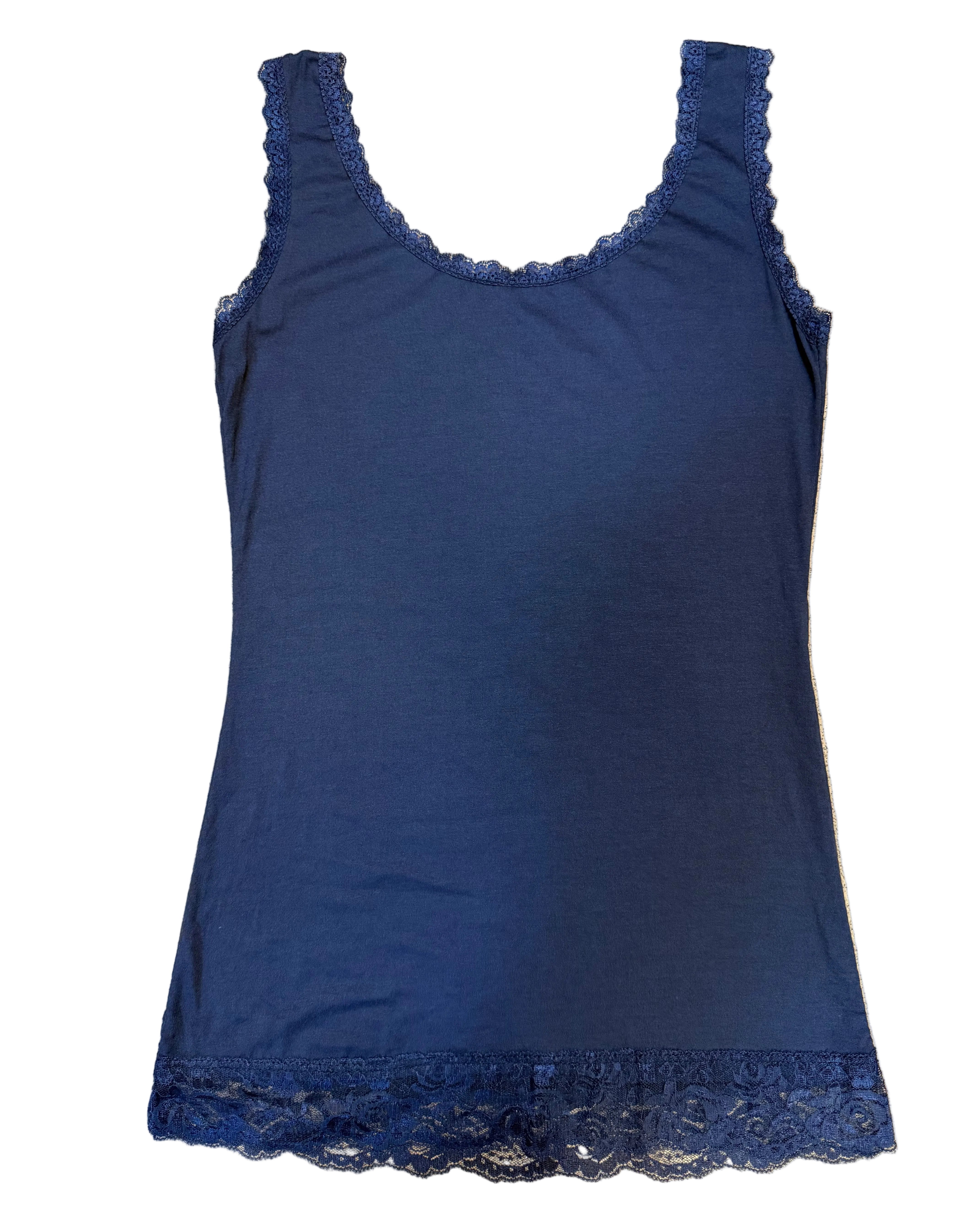 Navy blue dress with lace trim on a beige carpet