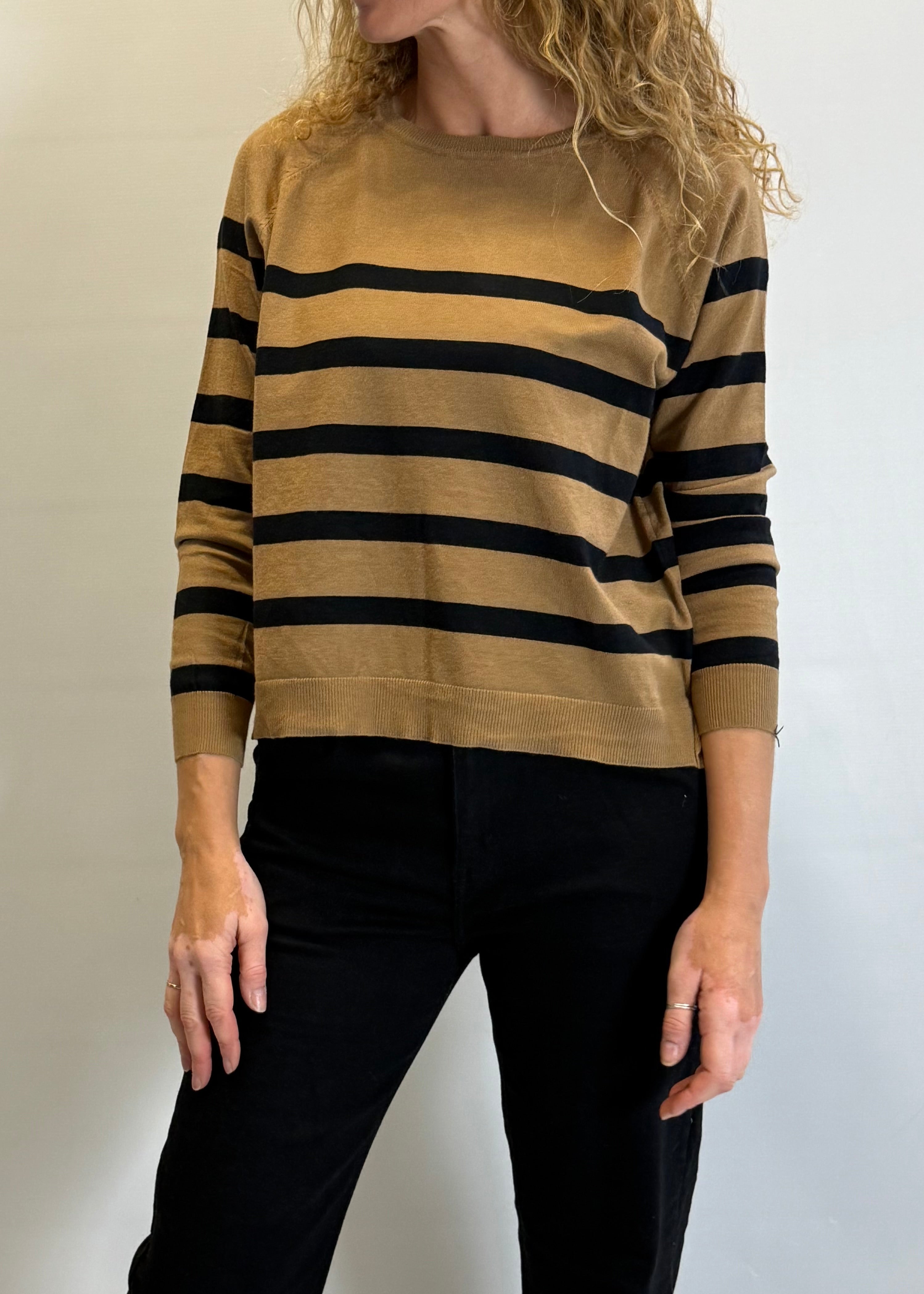 Person wearing a brown and black striped sweater against a plain background