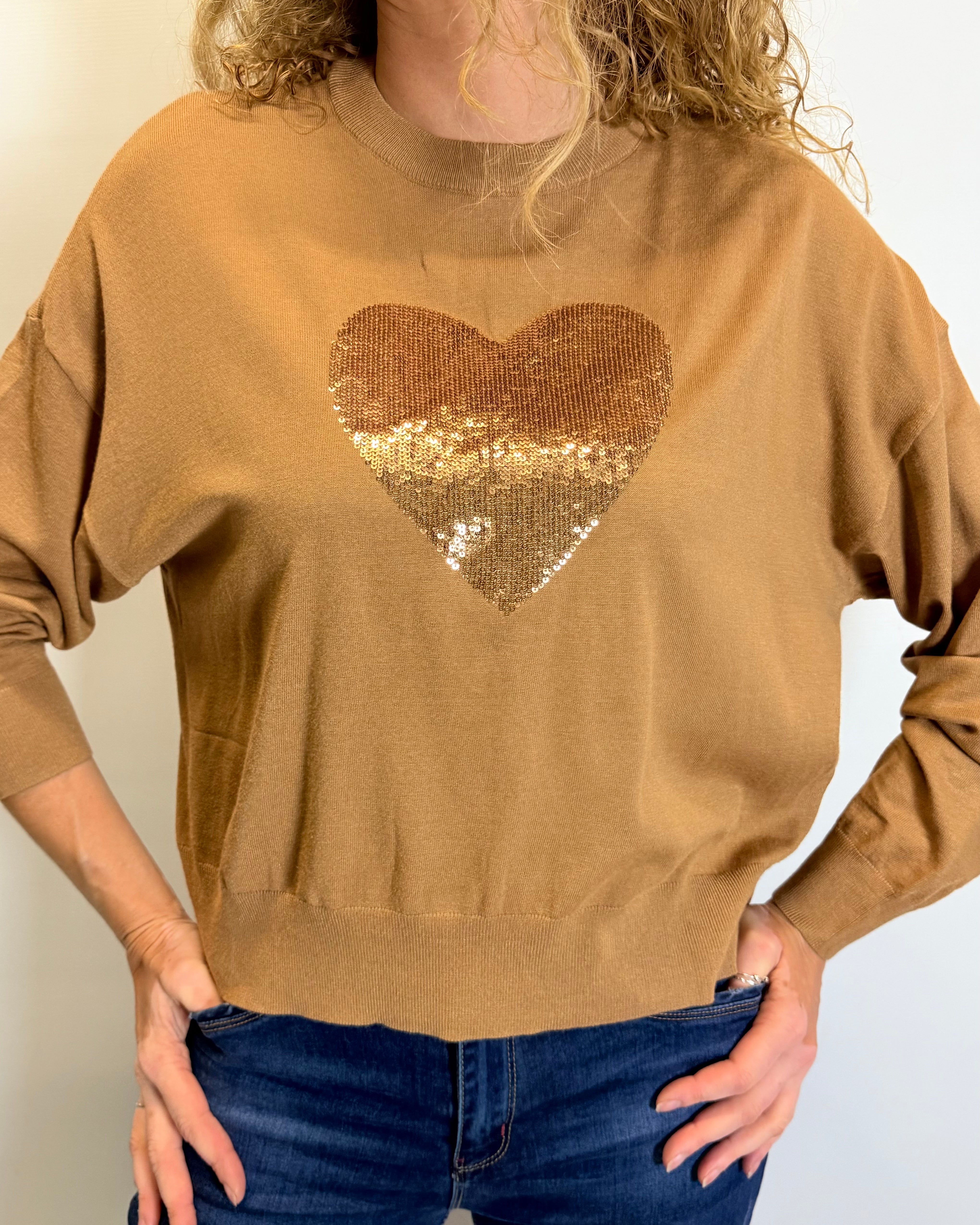 Person wearing a brown sweater with a gold sequin heart design.