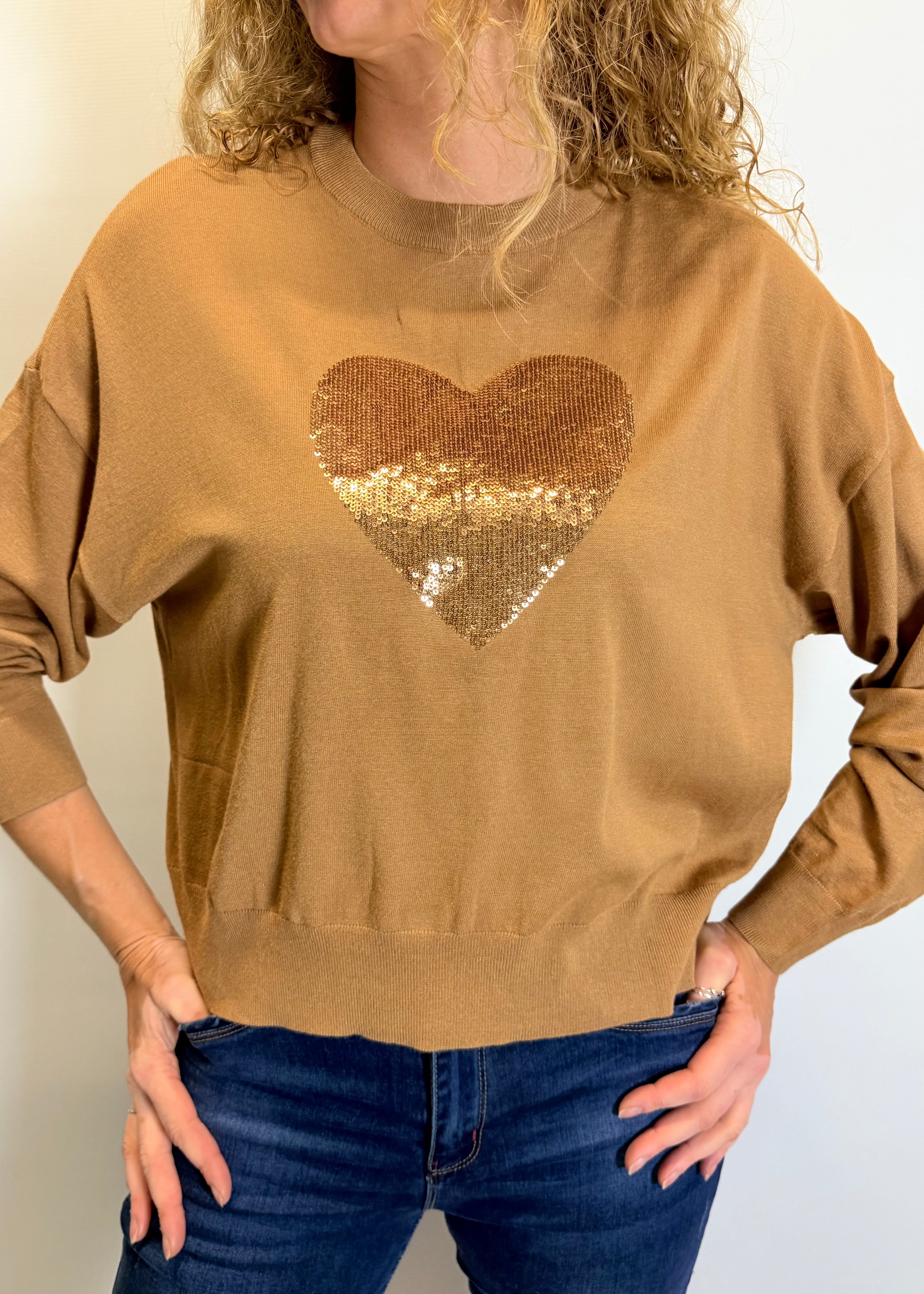 Person wearing a brown sweater with a gold sequin heart design.