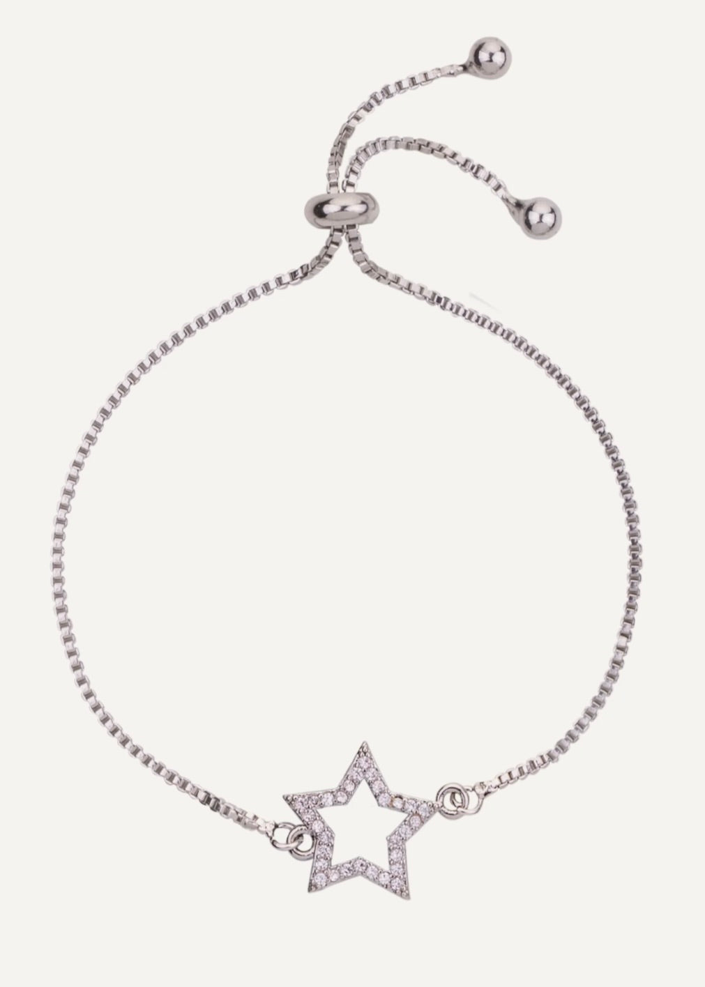Silver bracelet with a star-shaped clasp on a white background