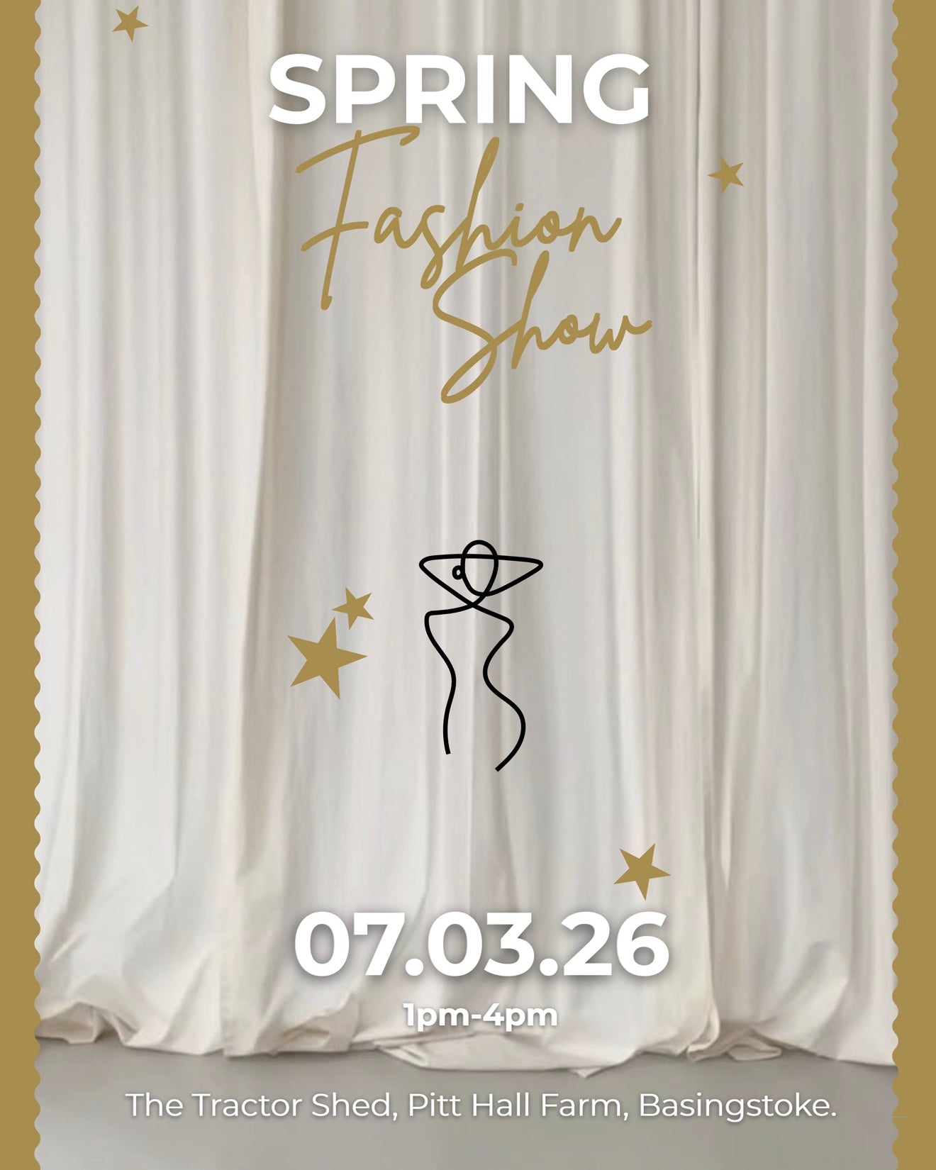 Spring fashion show poster with white curtains, gold stars, and text.
