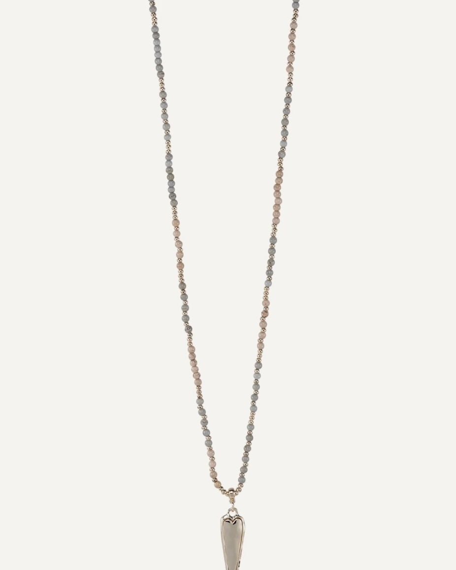 Beaded Necklace with a heart pendant on a white background