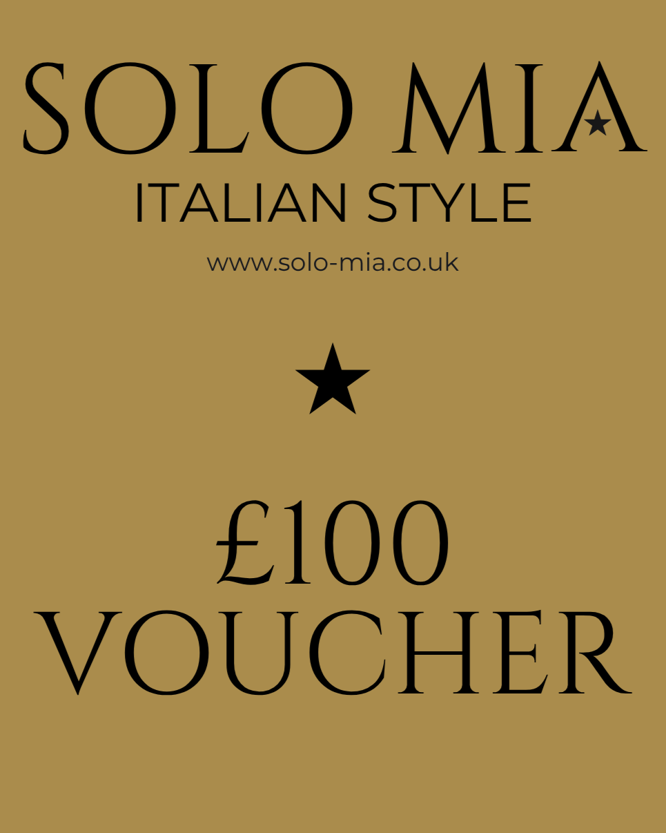 Gold voucher with 'Solo Mia' branding and £100 value on a gold background