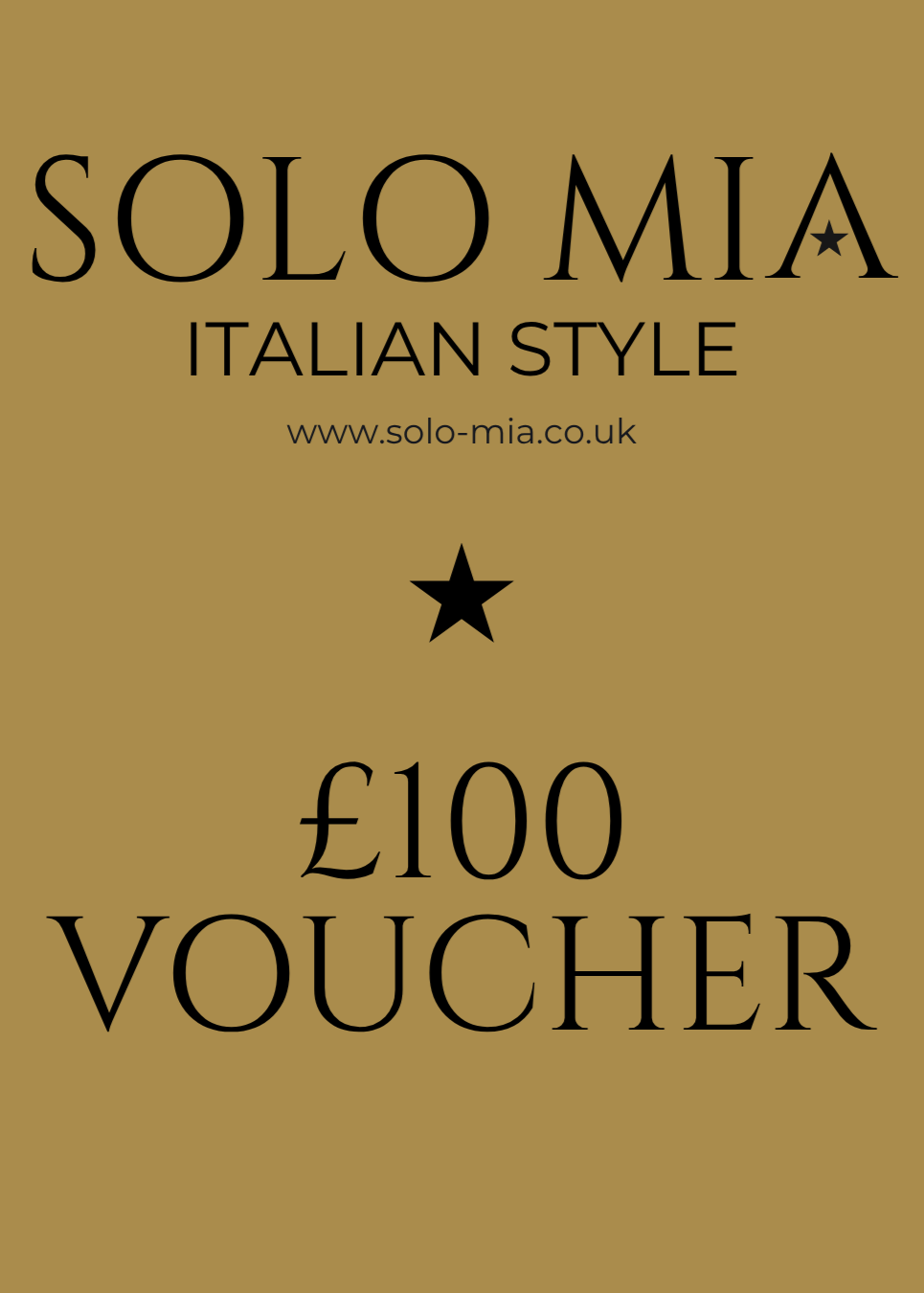 Gold voucher with 'Solo Mia' branding and £100 value on a gold background