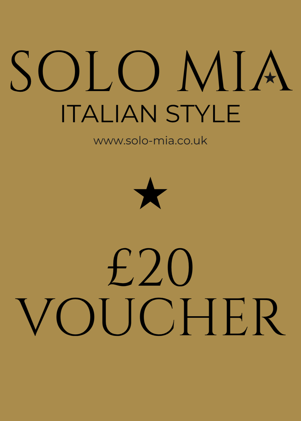 Gold voucher with 'SOLO MIA' branding and £20 voucher text on a gold background