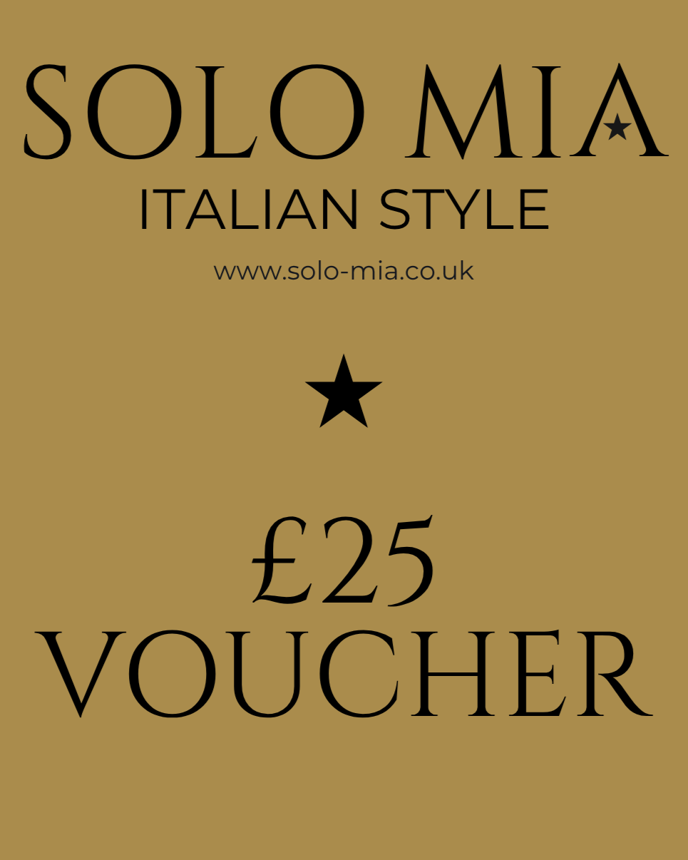Gold voucher with 'Solo Mia' branding and £25 value on a gold background