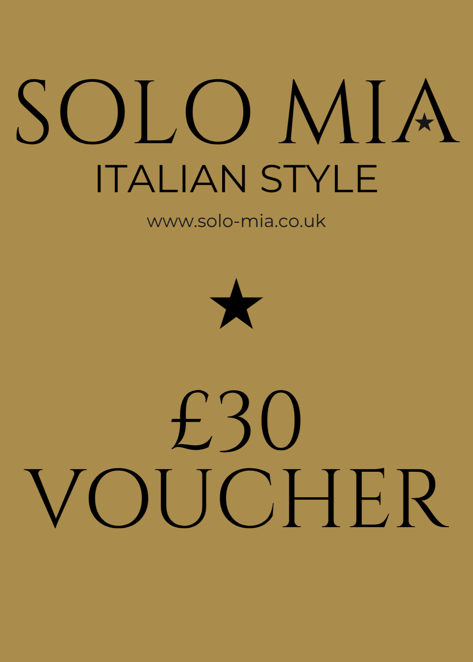 Gold voucher with 'Solo Mia' branding and £30 voucher text on a gold background