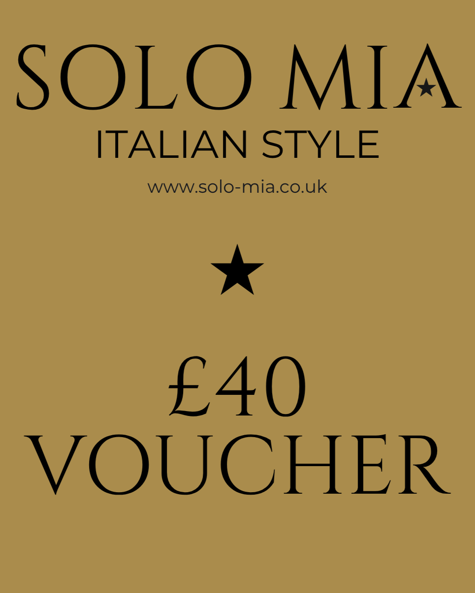 Gold voucher with 'Solo Mia' branding and a £40 voucher value on a gold background.