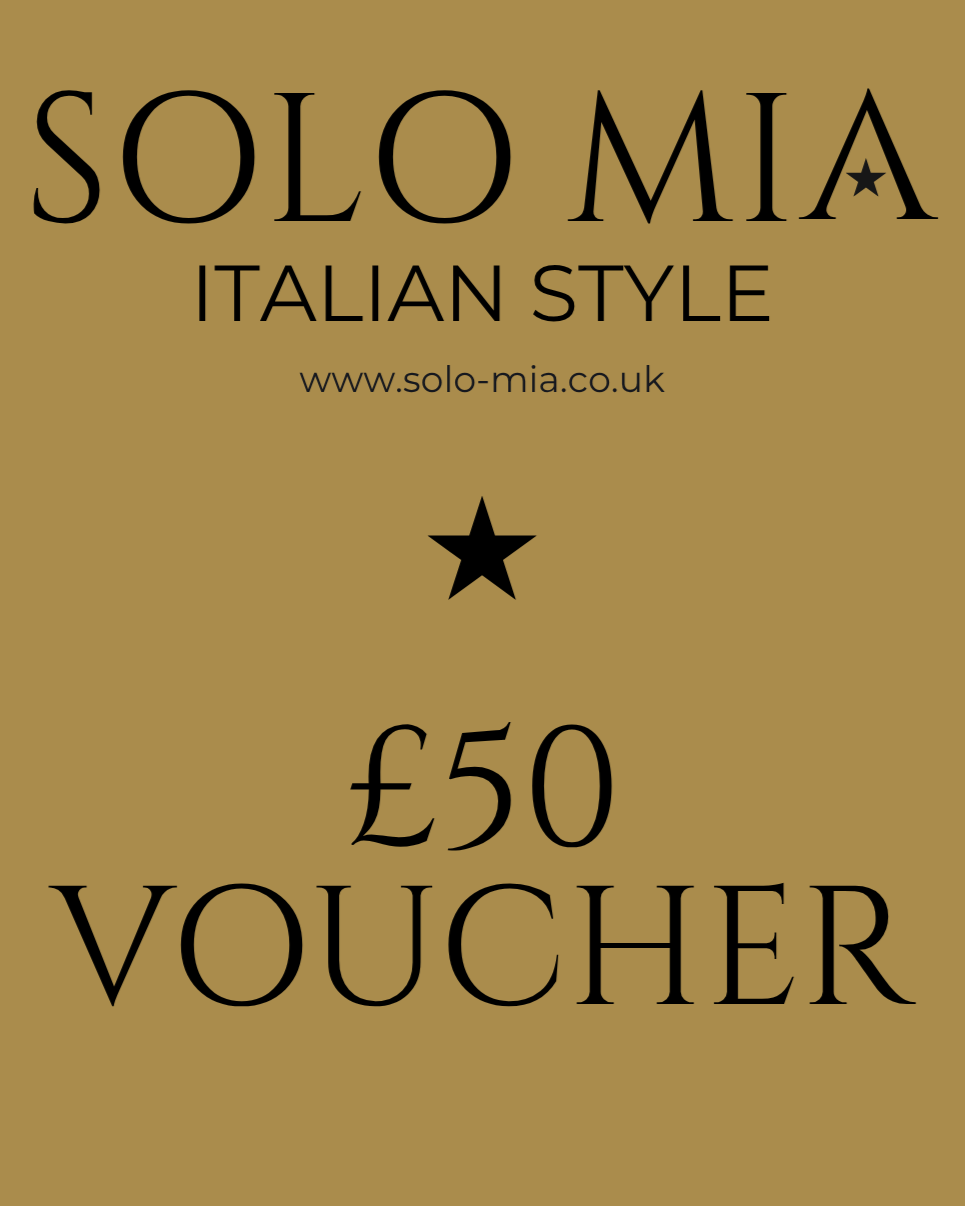 Gold voucher with 'Solo Mia' branding and £50 voucher text on a gold background
