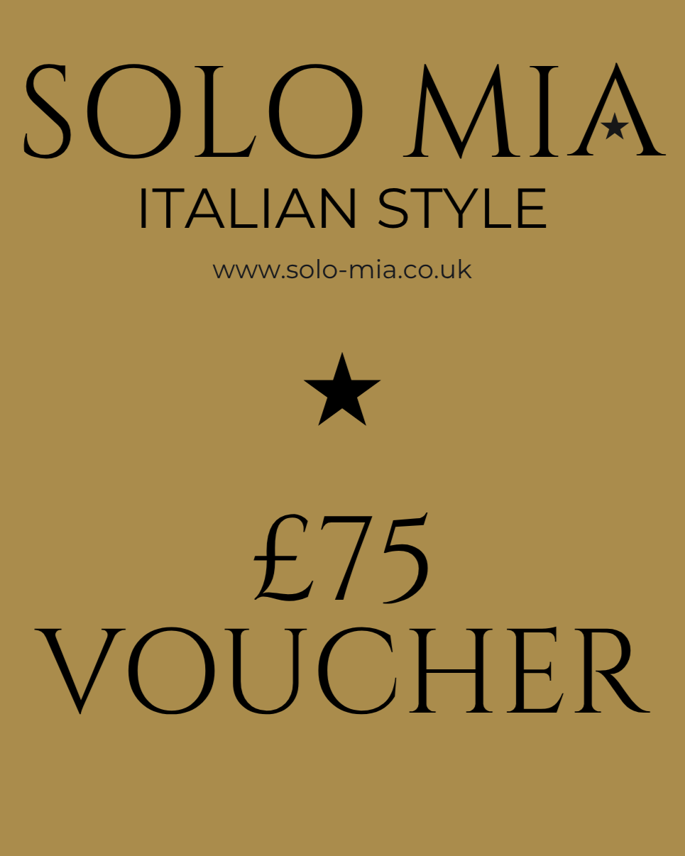 Gold voucher with 'Solo Mia' branding and £75 value on a gold background