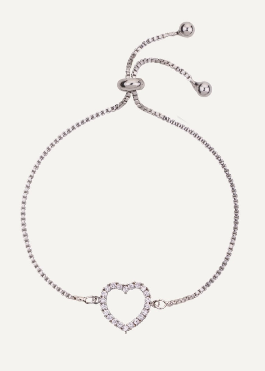 Silver bracelet with a heart-shaped clasp on a white background