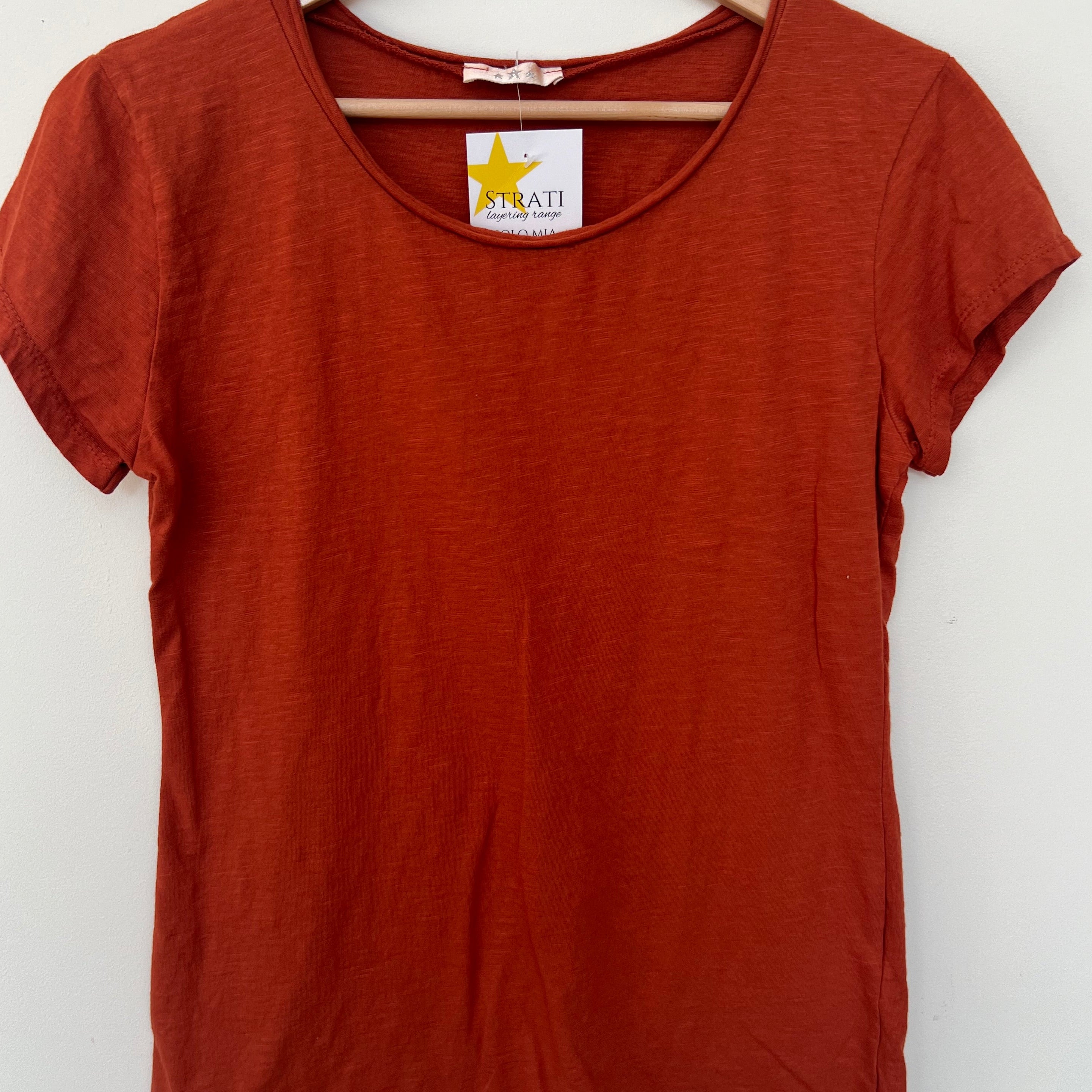 Red t-shirt on a hanger with a visible brand label against a white background