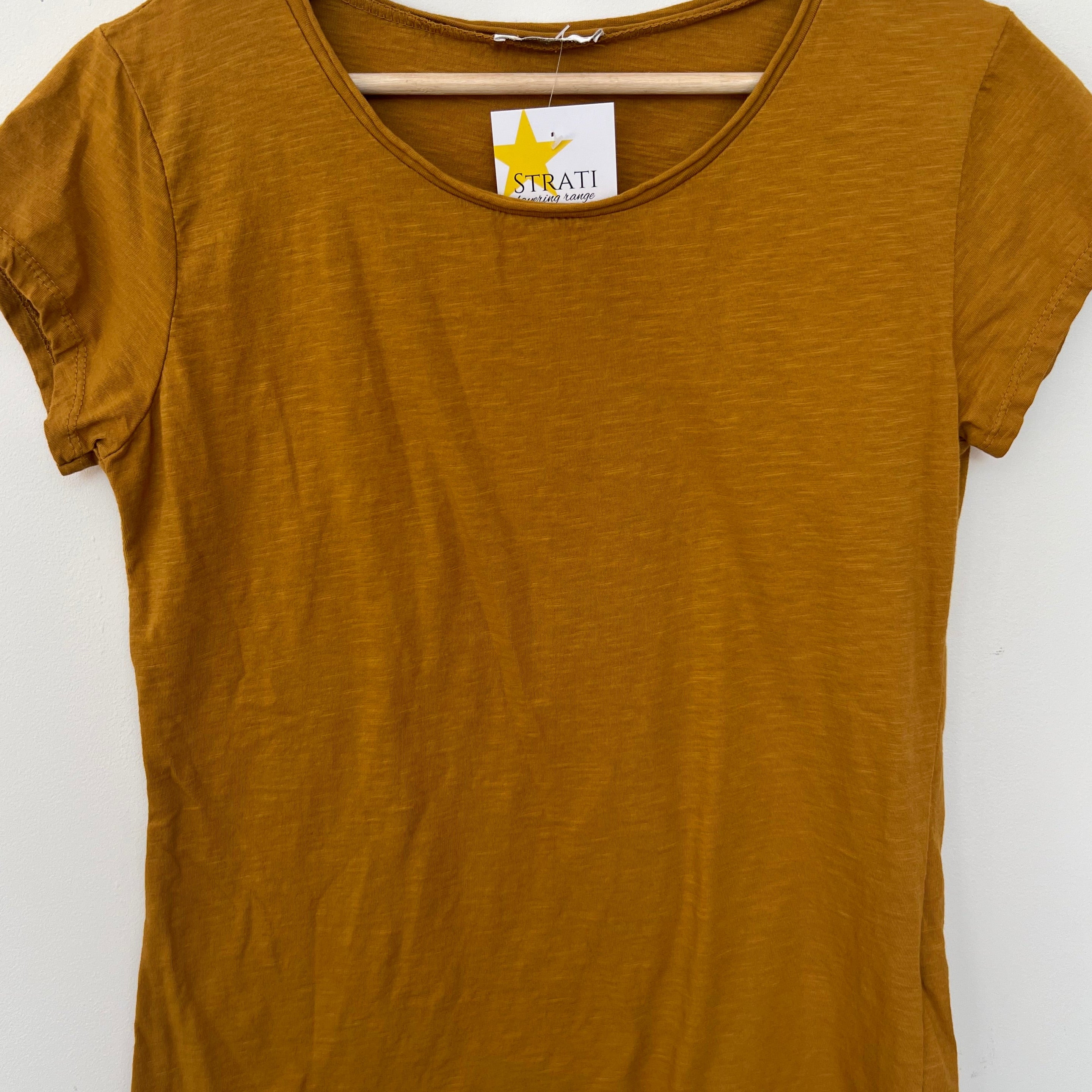 Brown t-shirt on a hanger with a visible brand logo against a white background