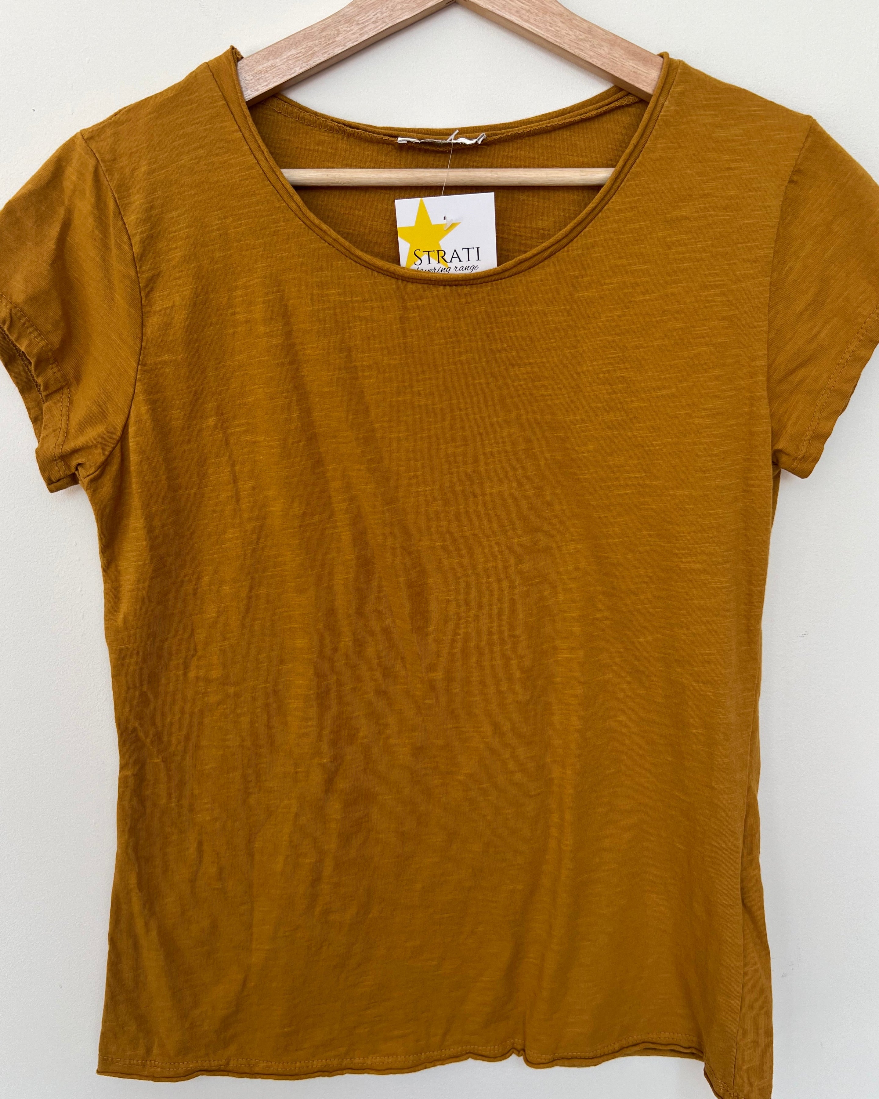 Brown t-shirt on a hanger with a visible brand logo against a white background