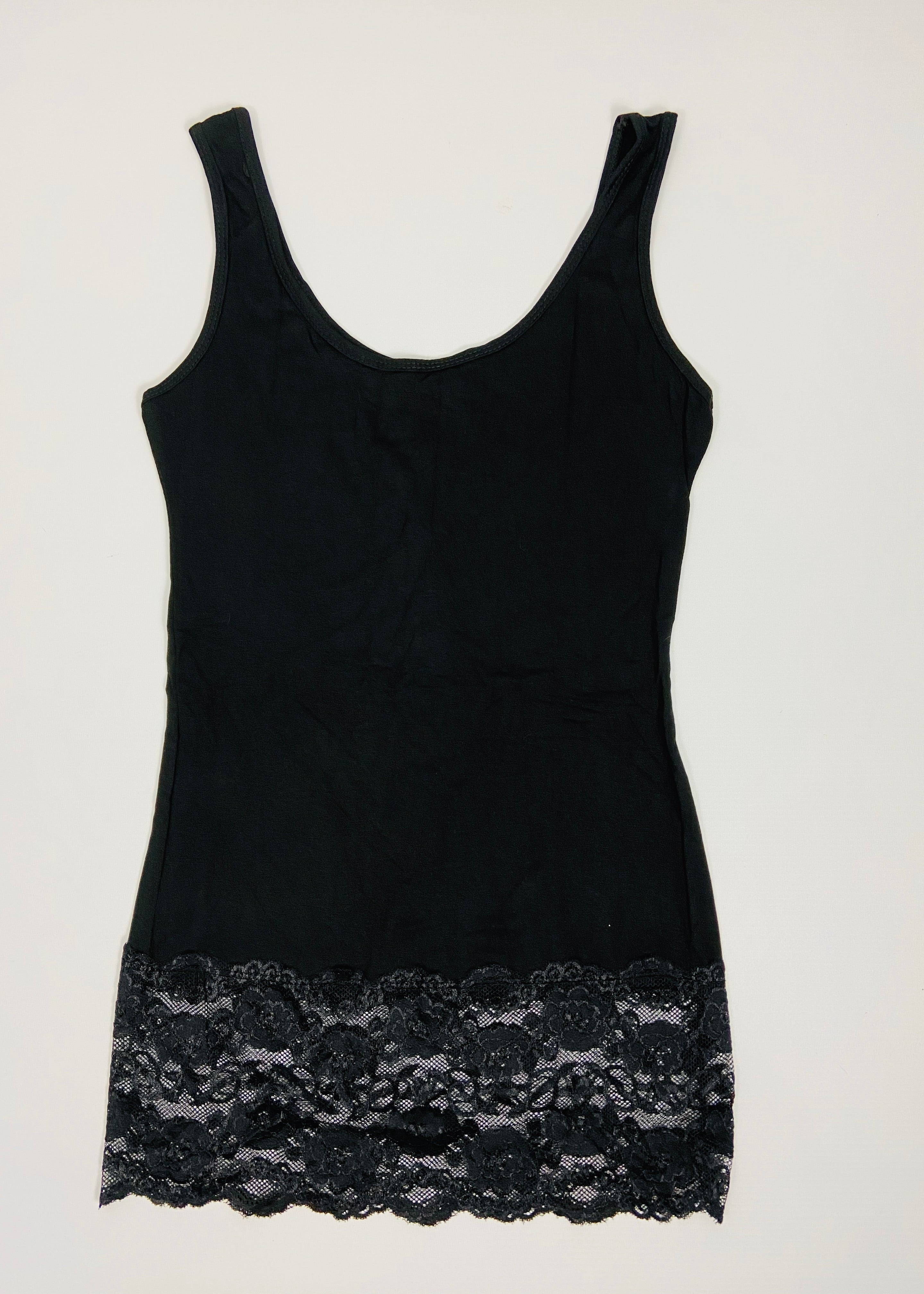 Black tank top with lace trim on a white background