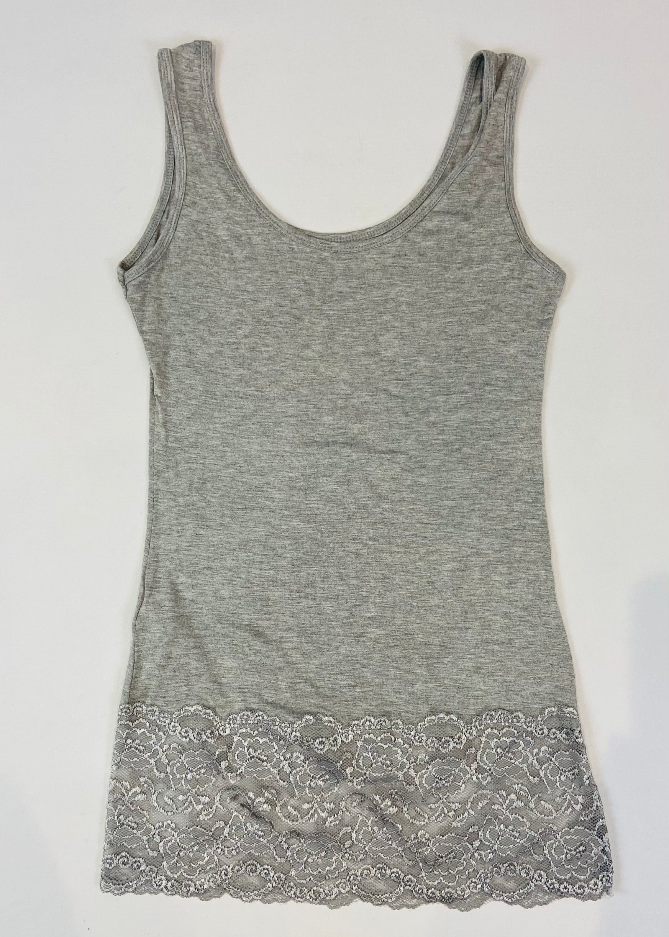 Gray tank top with lace trim on a white background