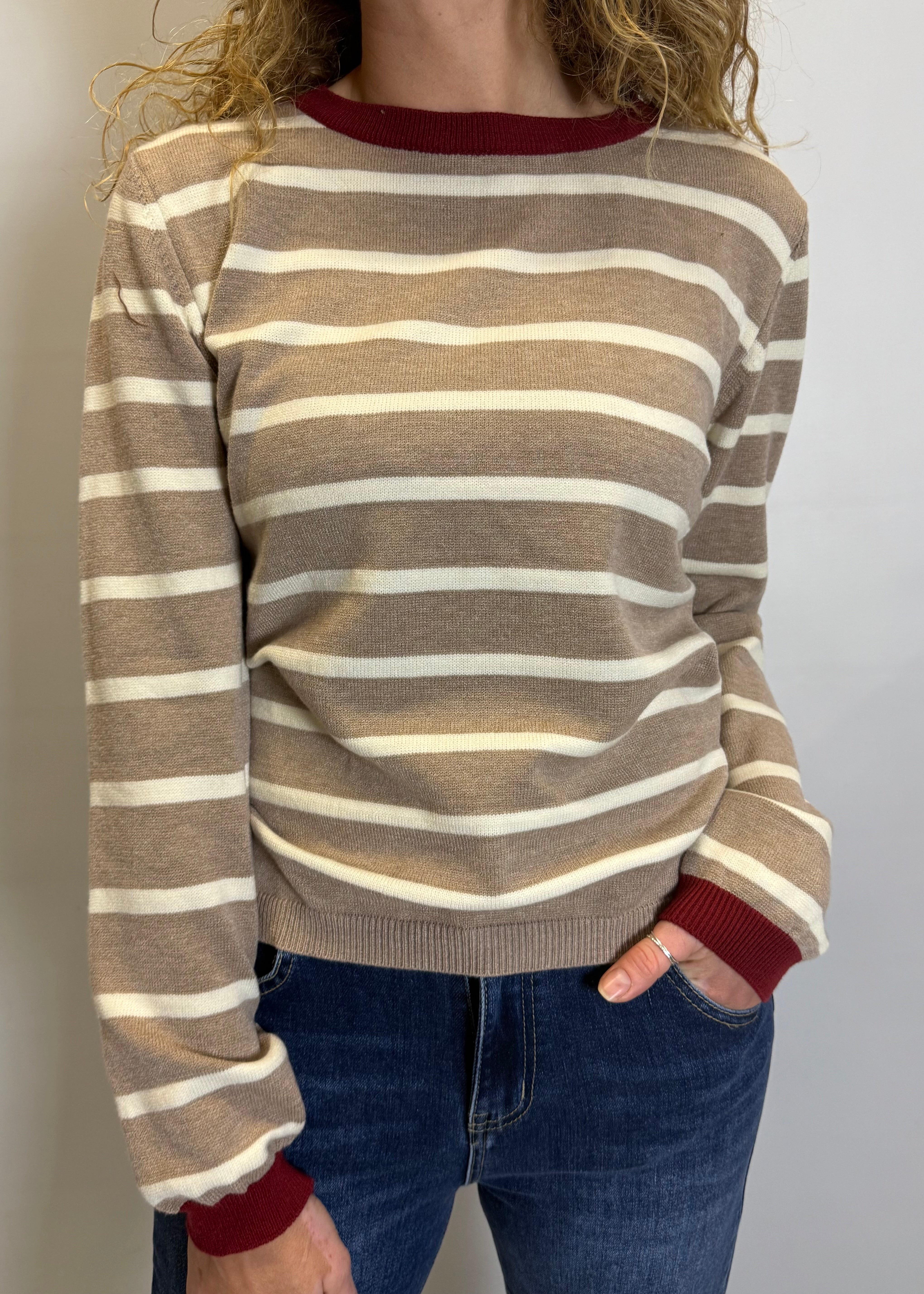 Person wearing a brown and beige striped sweater with red cuffs and collar against a plain background