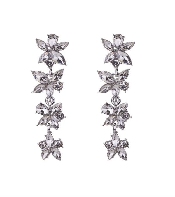 Crystal silver long floral dangle earrings