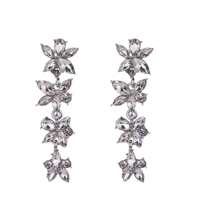 Crystal silver long floral dangle earrings