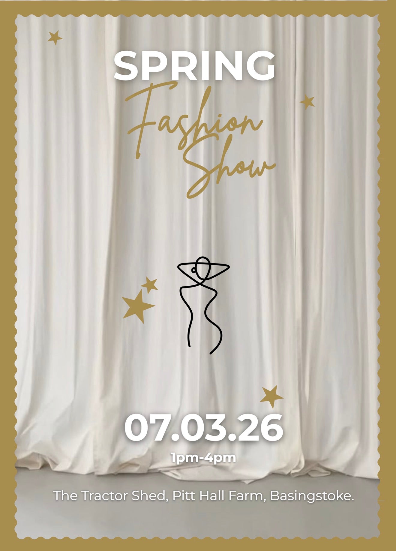 Spring fashion show poster with white curtains, gold stars, and text.
