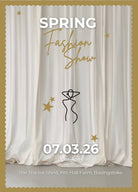 Spring fashion show poster with white curtains, gold stars, and text.