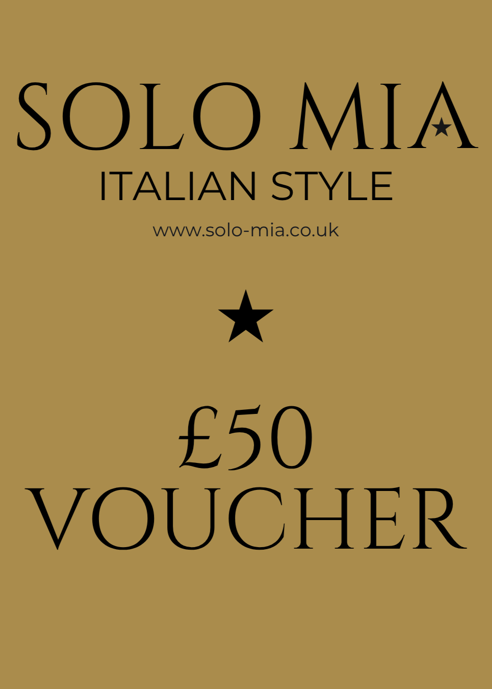 Gold voucher with 'Solo Mia' branding and £50 voucher text on a gold background