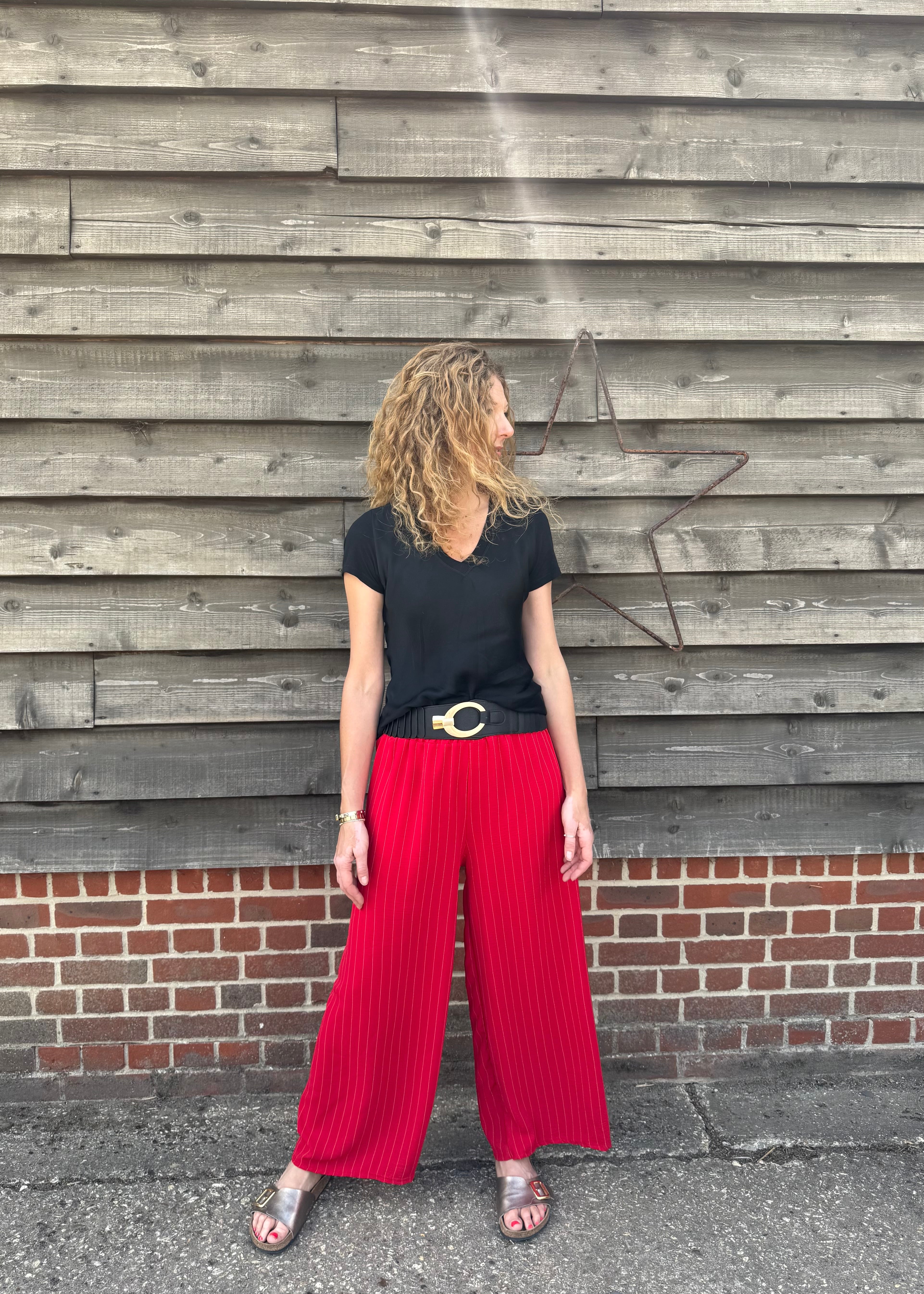 Person wearing a black top and red pants standing against a wooden wall.