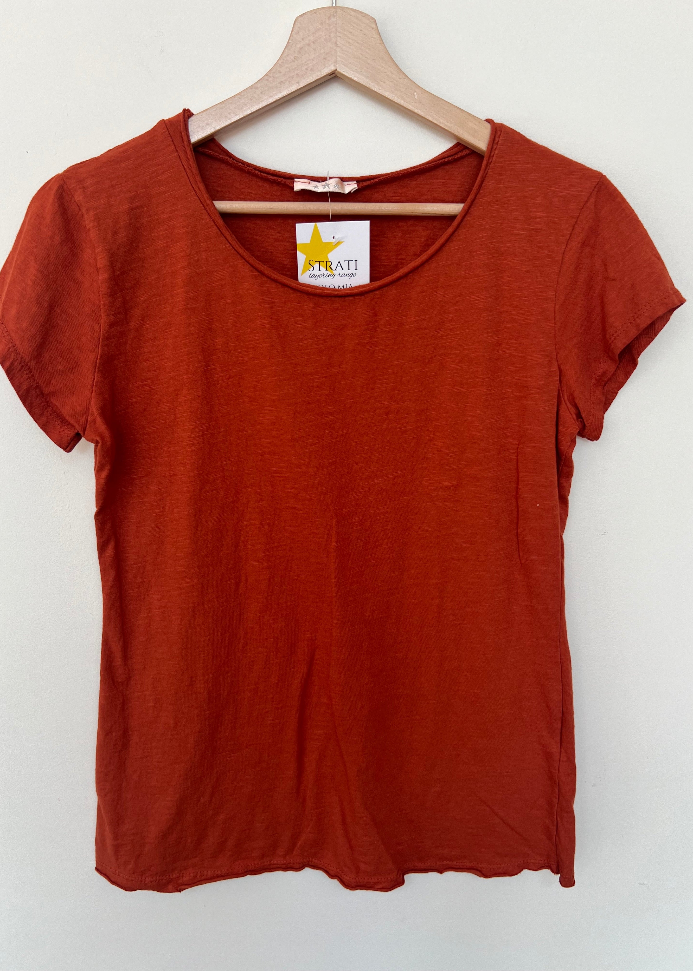 Red t-shirt on a hanger with a visible brand label against a white background