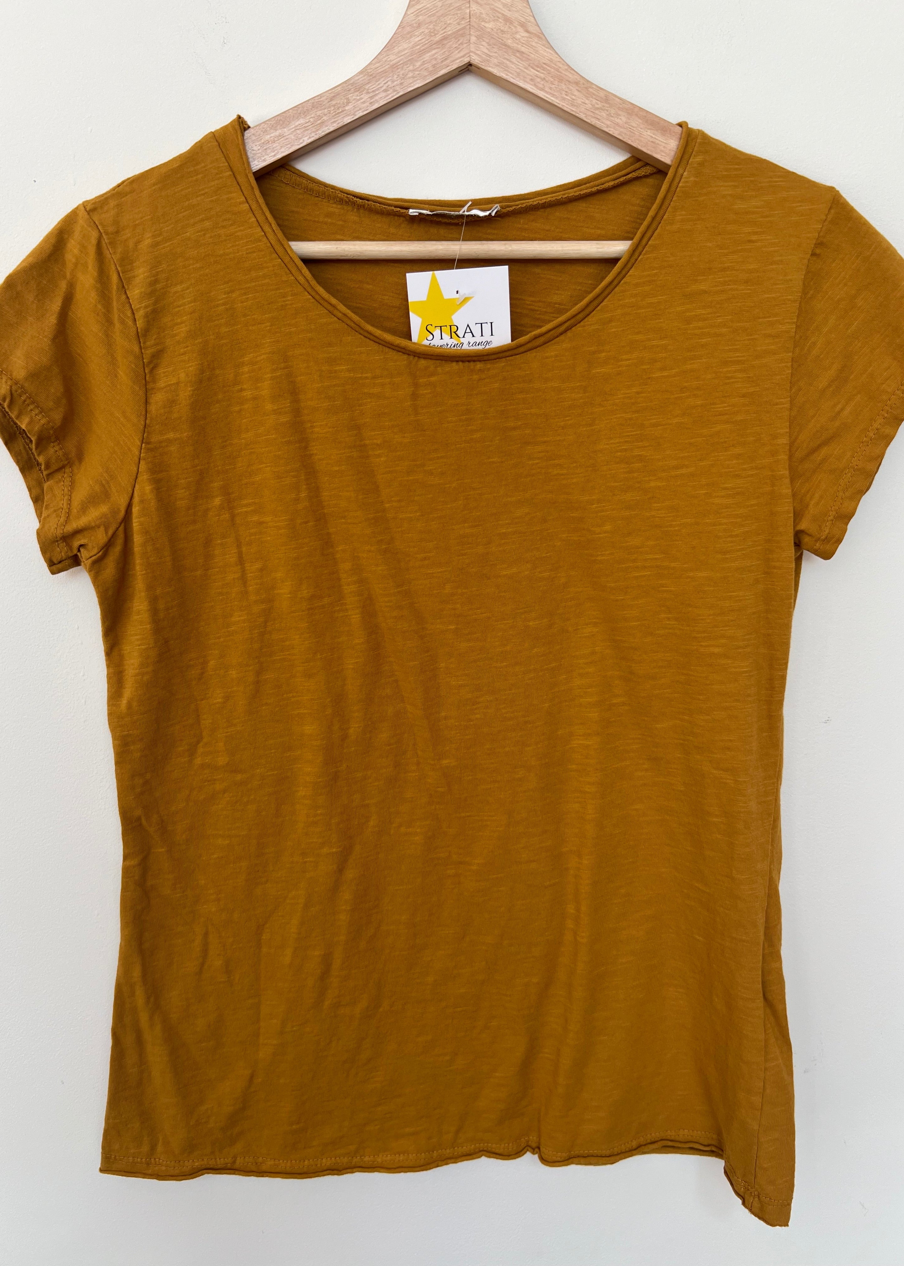Brown t-shirt on a hanger with a visible brand logo against a white background